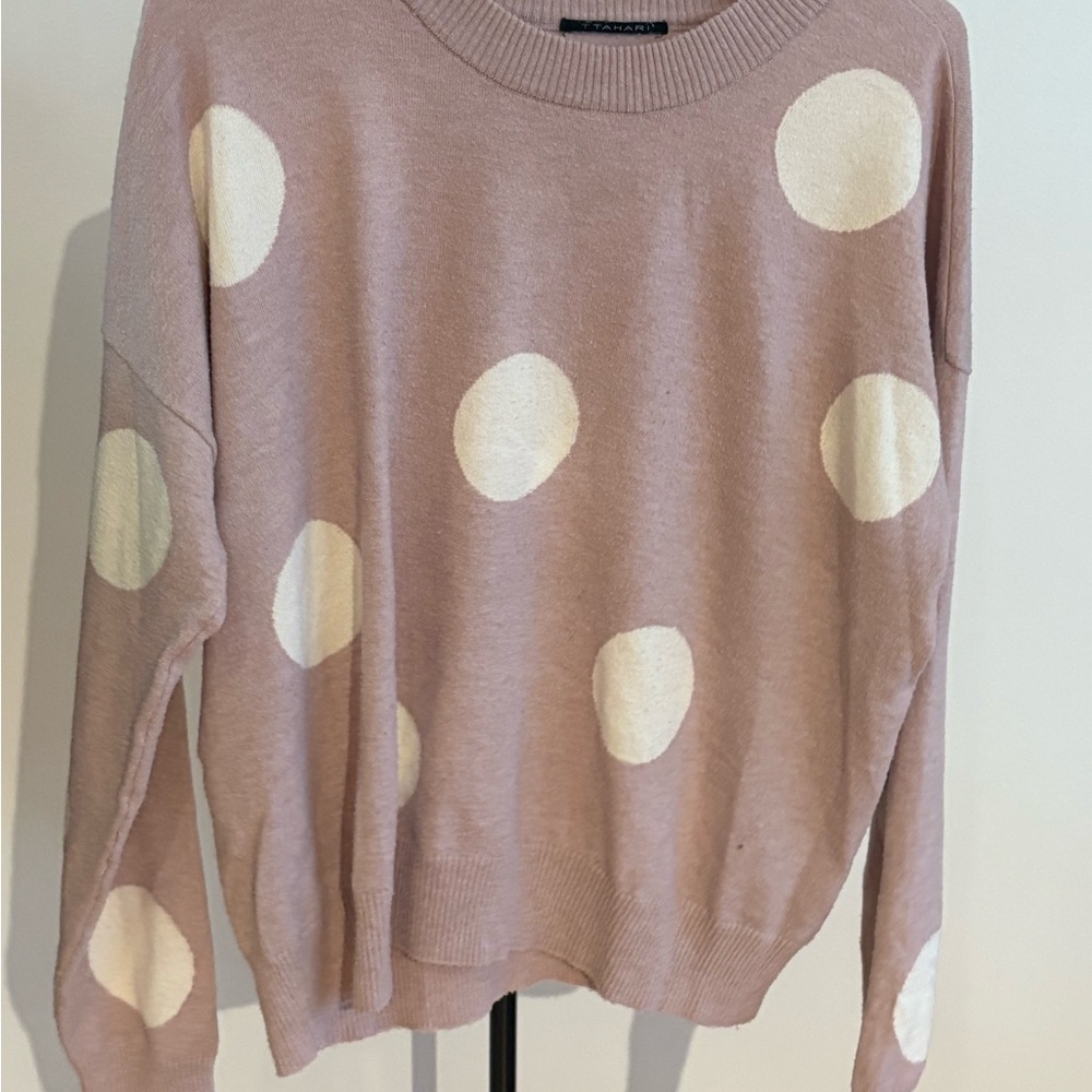 T Tahari Pink and White Polka Dot Sweater